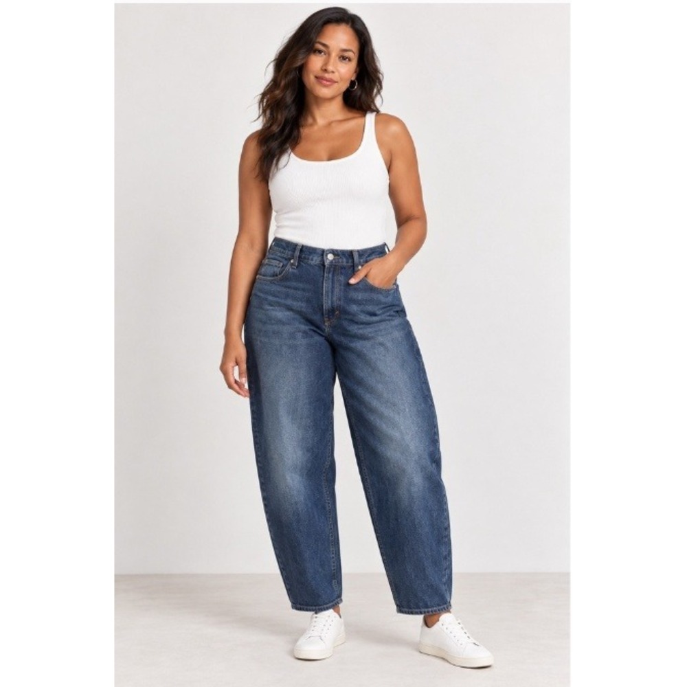 H&M Loose Fit High Waist Barrel Jeans Womens 4 Blue Dark Wash Baggy Skater Denim
